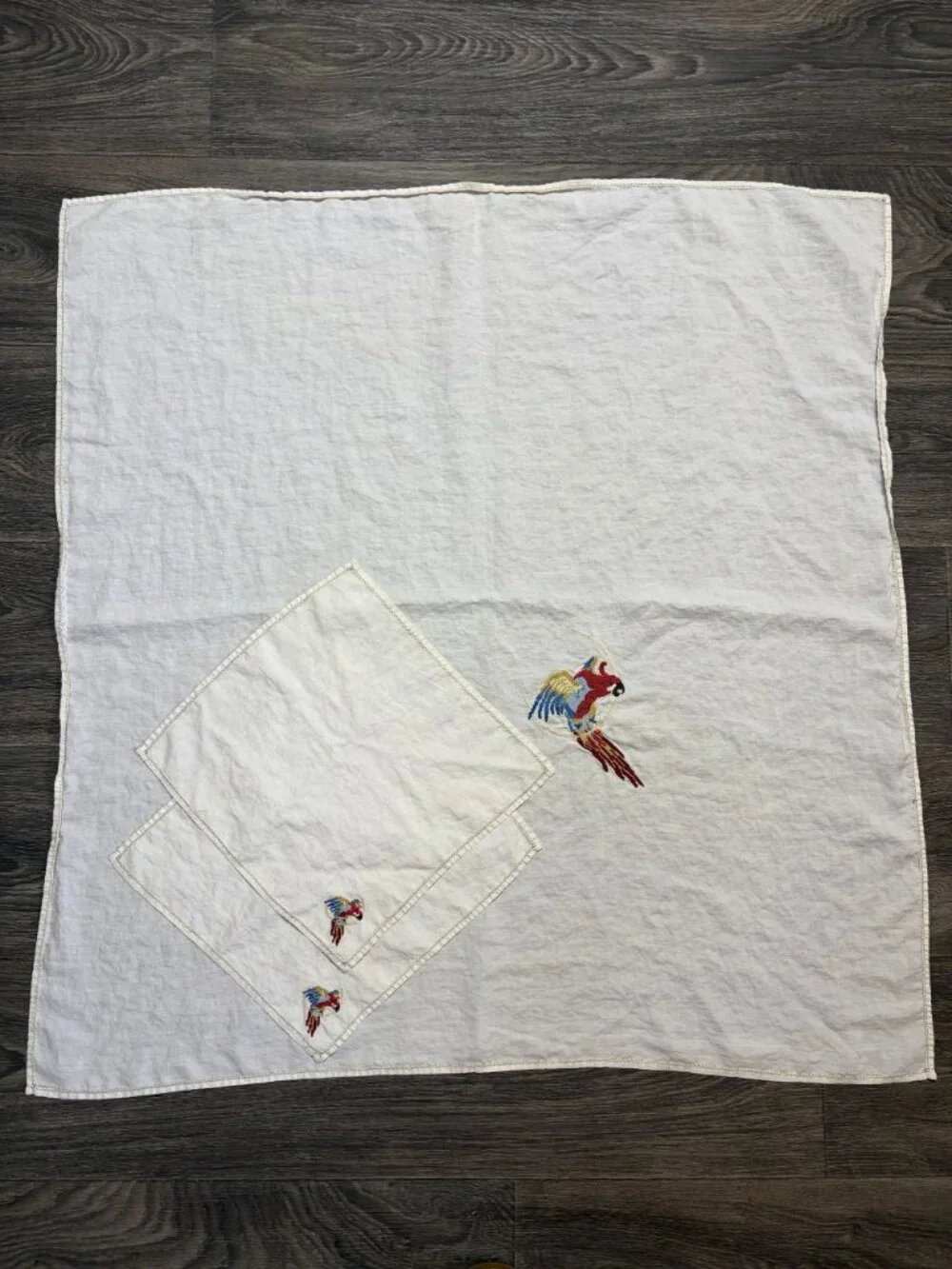 Vintage White Linen Tablecloth Napkins Hand Stitched Parrot Embroidery Tropical
